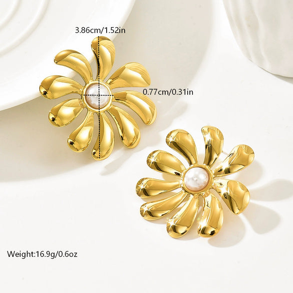 Wholesale Women's Exaggerated Style Stainless Steel 14K Vacuum Plated Flower Earrings