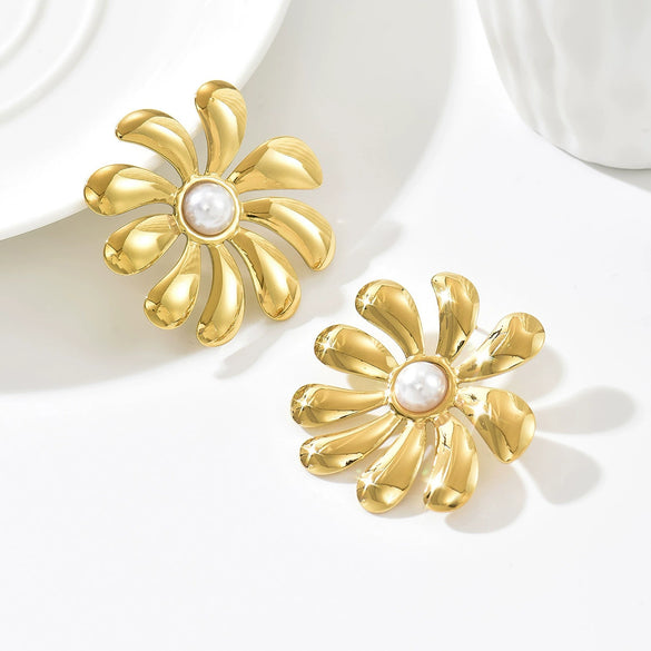 Wholesale Women's Exaggerated Style Stainless Steel 14K Vacuum Plated Flower Earrings