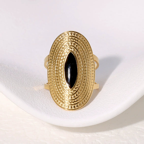 Wholesale Women's Exaggerated Wide Food Finger Ring Geometric Pattern Stainless Steel 18K Gold Plated Electroplated