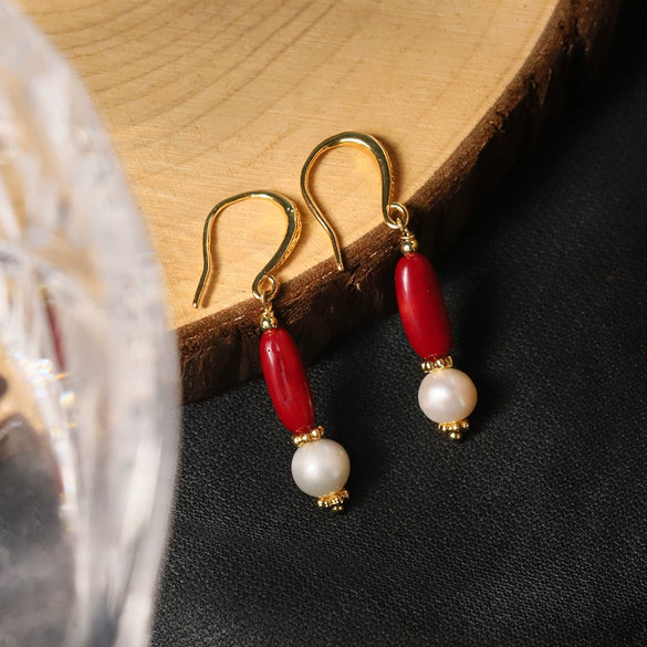 Wholesale Women's Exotic Geometric Natural Pearl Earrings With Sea Bamboo Red Tassel And Electroplated Ear Hooks