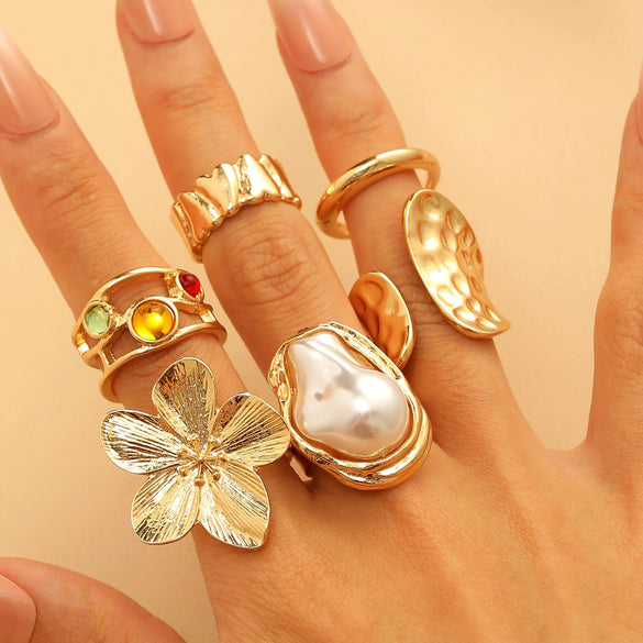 Wholesale Women's Exotic Geometric Zinc Alloy Electroplated Ring Set With Flower And Chain Patterns