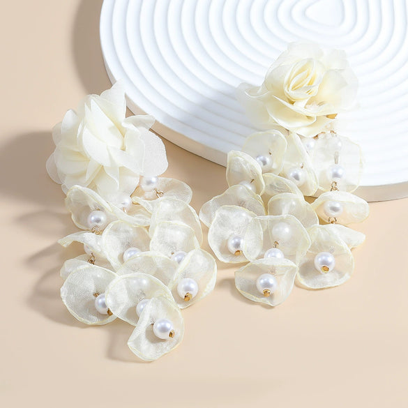 Wholesale Women's Fabric Pearl Inlaid Flower Earrings