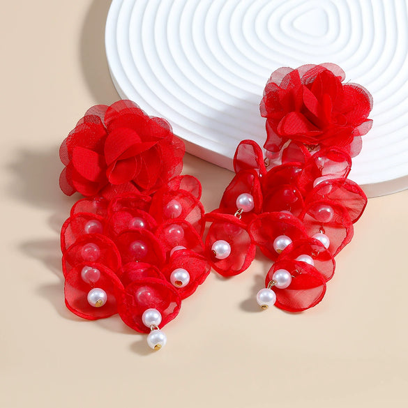 Wholesale Women's Fabric Pearl Inlaid Flower Earrings