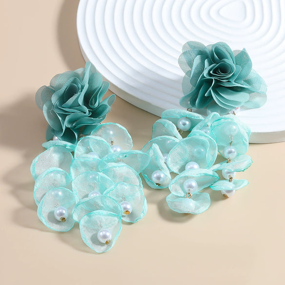Wholesale Women's Fabric Pearl Inlaid Flower Earrings