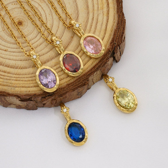 Wholesale Women's Fairy Style Geometric Gold Plated 316 Stainless Steel Birthstone Necklaces With Hammer Cross Chain