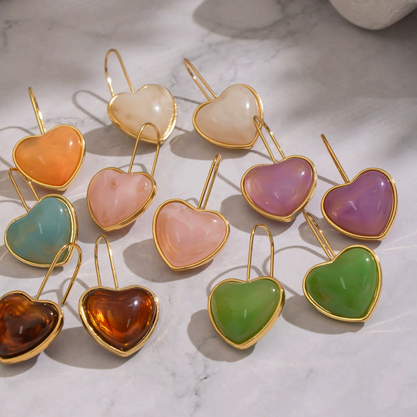 Wholesale Women's Fairy Style Multicolor Resin Heart Earrings With Stainless Steel Ear Needles And Pvd Furnace Vacuum Real Gold Plating