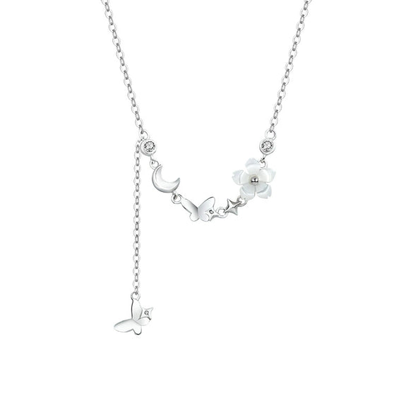 Wholesale Women's Fairy Style Silver Necklace With Inlaid Shell Flower Insect Star Pattern And Cross Chain
