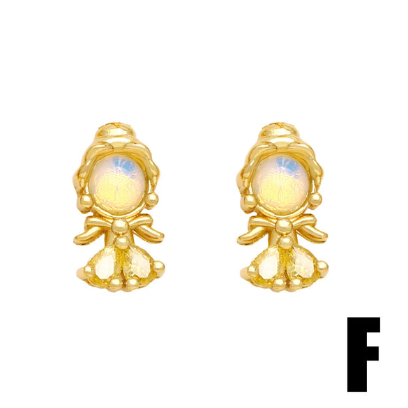 Wholesale Women's Fairy Tale Princess Earrings Copper Inlaid With Colorful Zirconium Electroplated With Cartoon Character Geometric Animal Zodiac Patterns