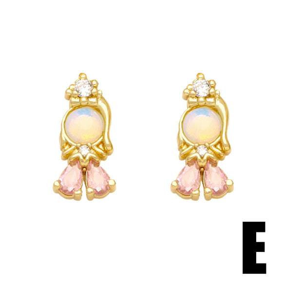 Wholesale Women's Fairy Tale Princess Earrings Copper Inlaid With Colorful Zirconium Electroplated With Cartoon Character Geometric Animal Zodiac Patterns