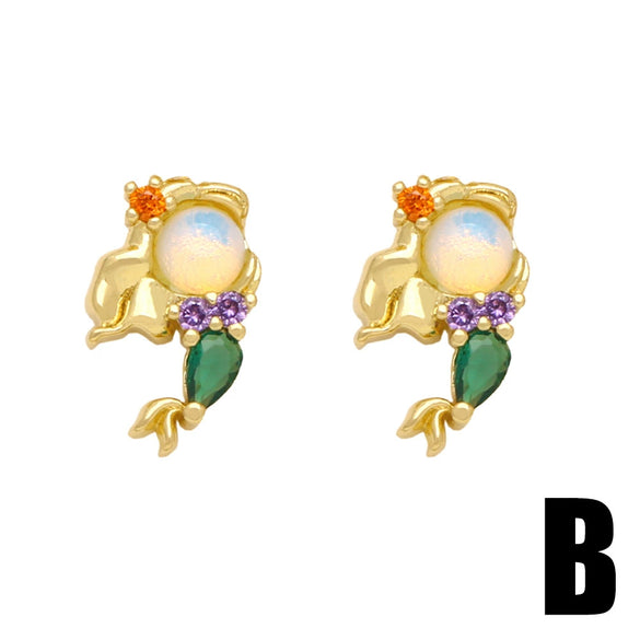 Wholesale Women's Fairy Tale Princess Earrings Copper Inlaid With Colorful Zirconium Electroplated With Cartoon Character Geometric Animal Zodiac Patterns