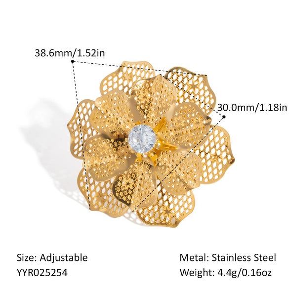 Wholesale Women's Fashion Camellia Ring With Hollow Design Light Luxury Style Stainless Steel Pvd Vacuum Real Gold Electroplating Allergy Free Non Fading