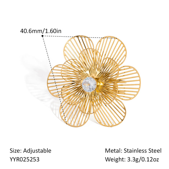 Wholesale Women's Fashion Camellia Ring With Hollow Design Light Luxury Style Stainless Steel Pvd Vacuum Real Gold Electroplating Allergy Free Non Fading