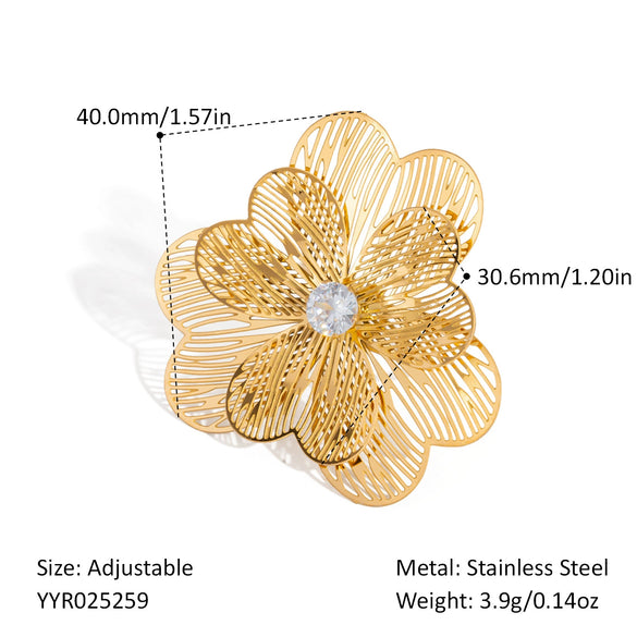 Wholesale Women's Fashion Camellia Ring With Hollow Design Light Luxury Style Stainless Steel Pvd Vacuum Real Gold Electroplating Allergy Free Non Fading