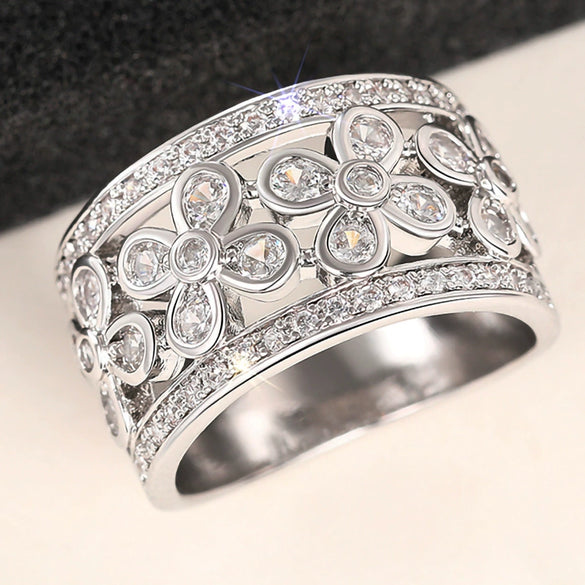 Wholesale Women's Fashion Copper Flower Geometric Ring Jewelry With Zirconia
