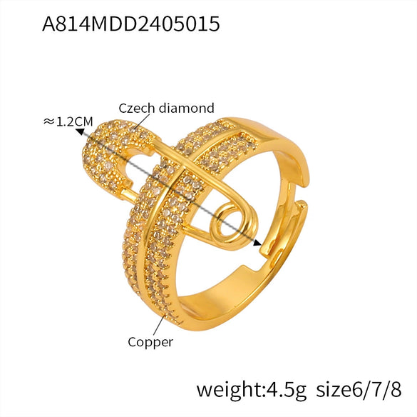 Wholesale Women's Fashion Copper Goldplated Geometric Diamond Pin Ring Jewelry