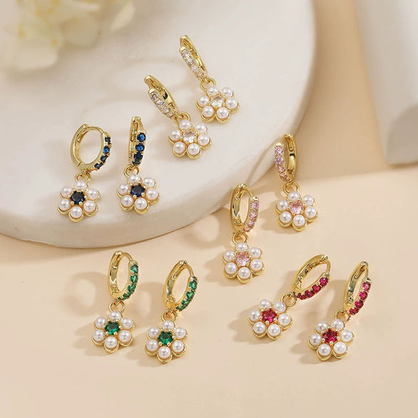 Wholesale Women's Fashion Copper Inlaid Pearl Flower Petal Earrings