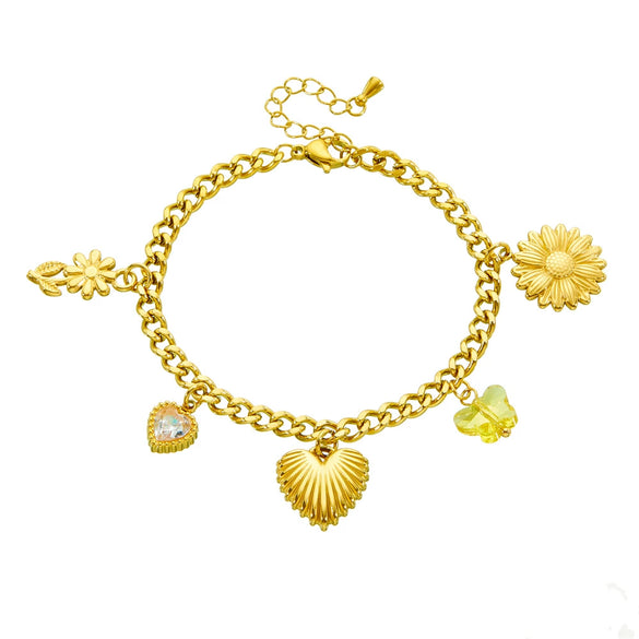 Wholesale Women's Fashion Creative Multielement Stainless Steel Goldplated Flower And Heart Shape Pendant Side Chain Bracelet