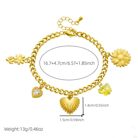 Wholesale Women's Fashion Creative Multielement Stainless Steel Goldplated Flower And Heart Shape Pendant Side Chain Bracelet