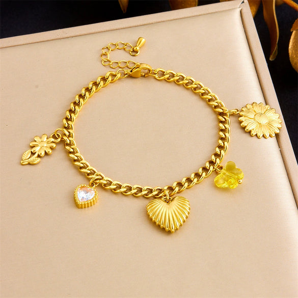 Wholesale Women's Fashion Creative Multielement Stainless Steel Goldplated Flower And Heart Shape Pendant Side Chain Bracelet