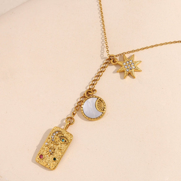 Wholesale Women's Fashion Creative Niche High Grade Square Pendant Necklace In Stainless Steel With 18K Gold Plated Electroplating And Personality Tassel