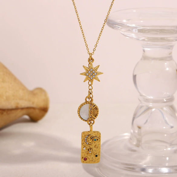 Wholesale Women's Fashion Creative Niche High Grade Square Pendant Necklace In Stainless Steel With 18K Gold Plated Electroplating And Personality Tassel