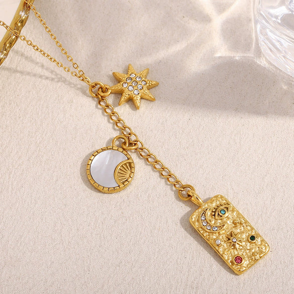 Wholesale Women's Fashion Creative Niche High Grade Square Pendant Necklace In Stainless Steel With 18K Gold Plated Electroplating And Personality Tassel
