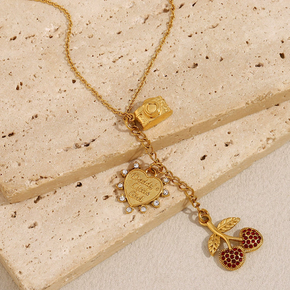 Wholesale Women's Fashion Creative Pendant Necklace With Cherry Shape Tassel Stainless Steel Electroplated 18K Gold