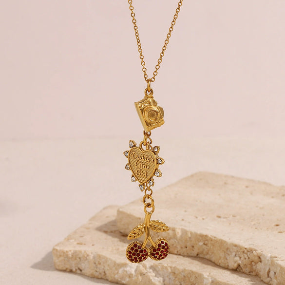 Wholesale Women's Fashion Creative Pendant Necklace With Cherry Shape Tassel Stainless Steel Electroplated 18K Gold