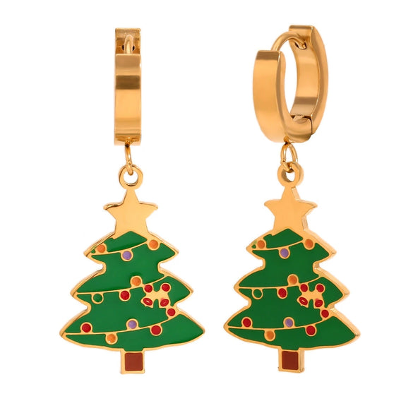 Wholesale Women's Fashion Cute Cartoon Stainless Steel 18K Gold Plated Santa Sleigh Christmas Tree Earrings