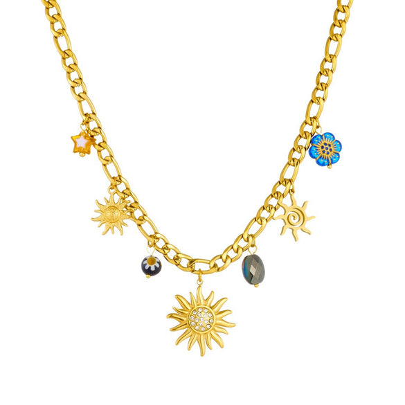 Wholesale Women's Fashion Diamondplated Goldplated Stainless Steel Plants And Flowers Sun Pendant Chain Jewelry Set