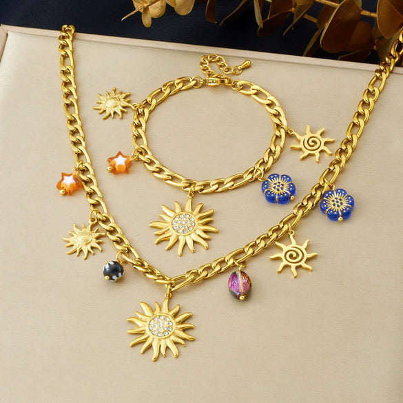 Wholesale Women's Fashion Diamondplated Goldplated Stainless Steel Plants And Flowers Sun Pendant Chain Jewelry Set