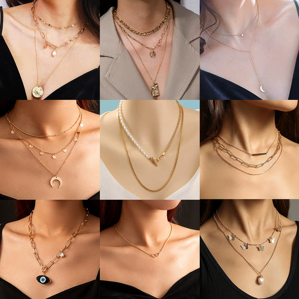 Wholesale Women's Fashion Double Stack Wearing Necklace With Geometric Pattern Made Of Alloy And Electroplated
