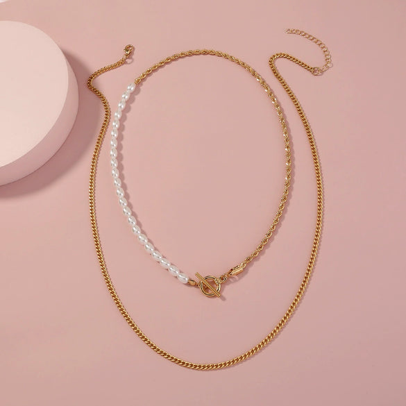 Wholesale Women's Fashion Double Stack Wearing Necklace With Geometric Pattern Made Of Alloy And Electroplated