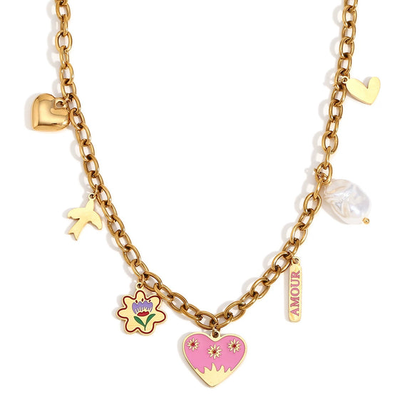 Wholesale Women's Fashion Drop Oil Necklace With Heart Flower Geometric Pendant Stainless Steel Titanium Steel 18K Gold Plated