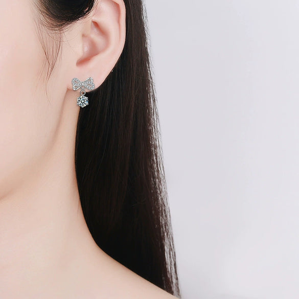 Wholesale Women's Fashion Elegant Moissanite 925 Sterling Silver Bow Tie Earrings With Diamond Design
