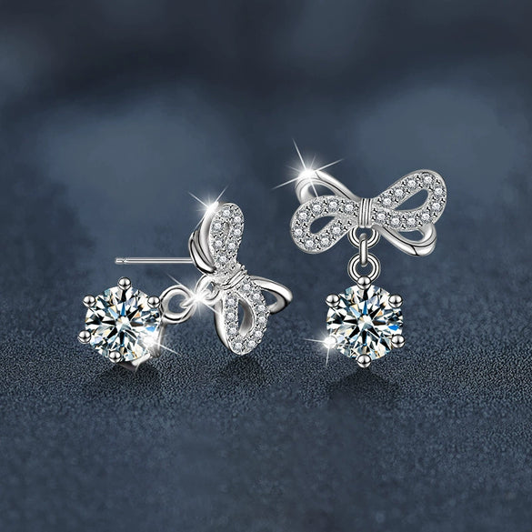 Wholesale Women's Fashion Elegant Moissanite 925 Sterling Silver Bow Tie Earrings With Diamond Design