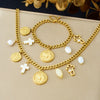 Wholesale Women's Fashion Elegant Retro Pearl Cross Oval Relief Saint Crown Roman Numerals Pattern Stainless Steel Electroplated Pendant Necklace And Hand Jewelry Set