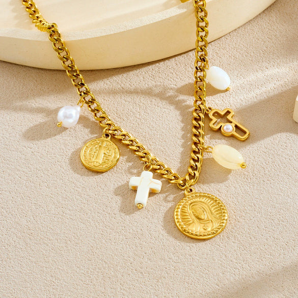 Wholesale Women's Fashion Elegant Retro Pearl Cross Oval Relief Saint Crown Roman Numerals Pattern Stainless Steel Electroplated Pendant Necklace And Hand Jewelry Set