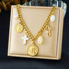 Wholesale Women's Fashion Elegant Retro Pearl Cross Oval Relief Saint Crown Roman Numerals Pattern Stainless Steel Electroplated Pendant Necklace And Hand Jewelry Set