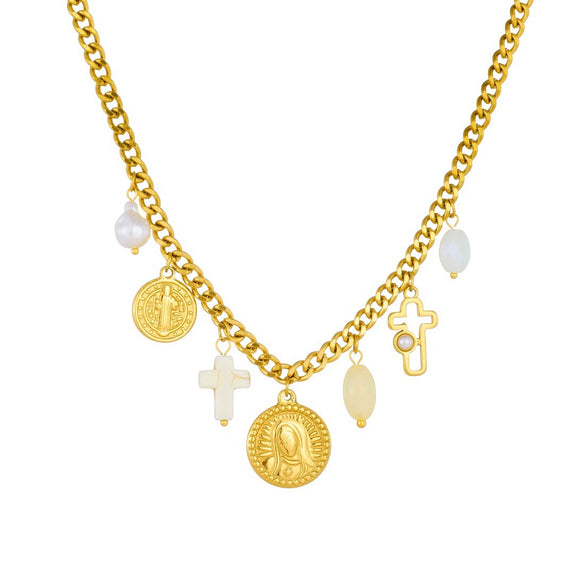 Wholesale Women's Fashion Elegant Retro Pearl Cross Oval Relief Saint Crown Roman Numerals Pattern Stainless Steel Electroplated Pendant Necklace And Hand Jewelry Set