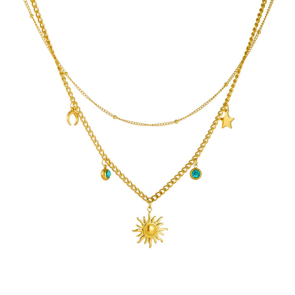 Wholesale Women's Fashion Elegant Stainless Steel Double Layer Stacked Clavicle Chain Necklace With Sun Moon And Star Shape Electroplated Design