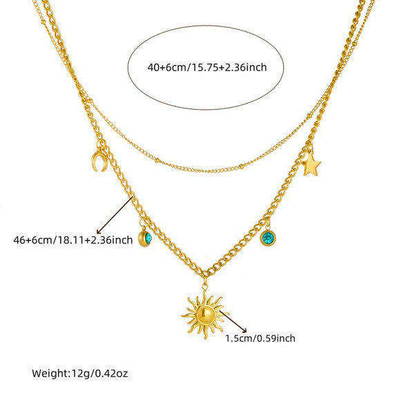 Wholesale Women's Fashion Elegant Stainless Steel Double Layer Stacked Clavicle Chain Necklace With Sun Moon And Star Shape Electroplated Design
