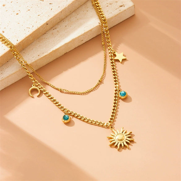 Wholesale Women's Fashion Elegant Stainless Steel Double Layer Stacked Clavicle Chain Necklace With Sun Moon And Star Shape Electroplated Design