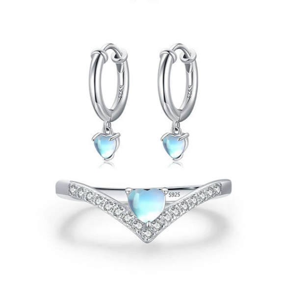 Wholesale Women's Fashion Elegant 925 Sterling Silver Ring And Earrings With Moonstone And Zircon Inlay Love Water Drops Bell Pattern