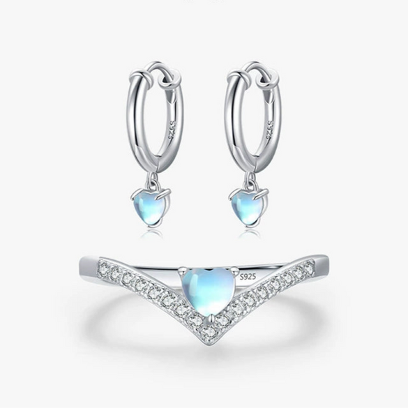 Wholesale Women's Fashion Elegant 925 Sterling Silver Ring And Earrings With Moonstone And Zircon Inlay Love Water Drops Bell Pattern