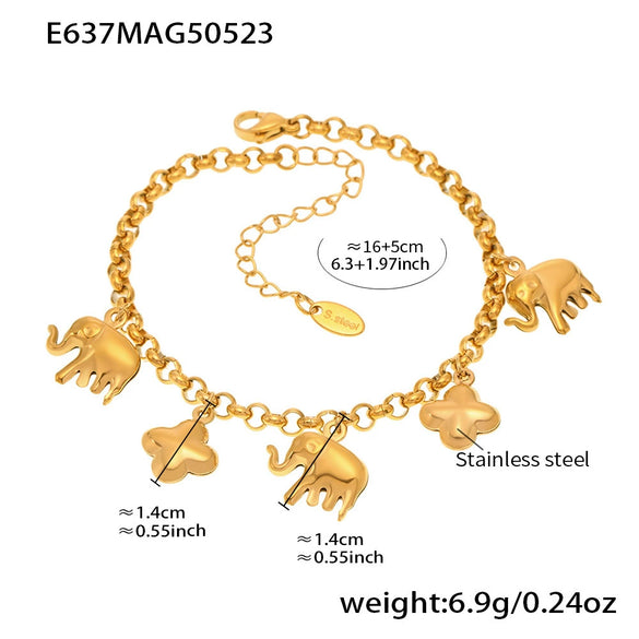 Wholesale Women's Fashion Elephant Fourleaf Flower Geometric Ferris Wheel Stainless Steel Electroplated Pendant Bracelet