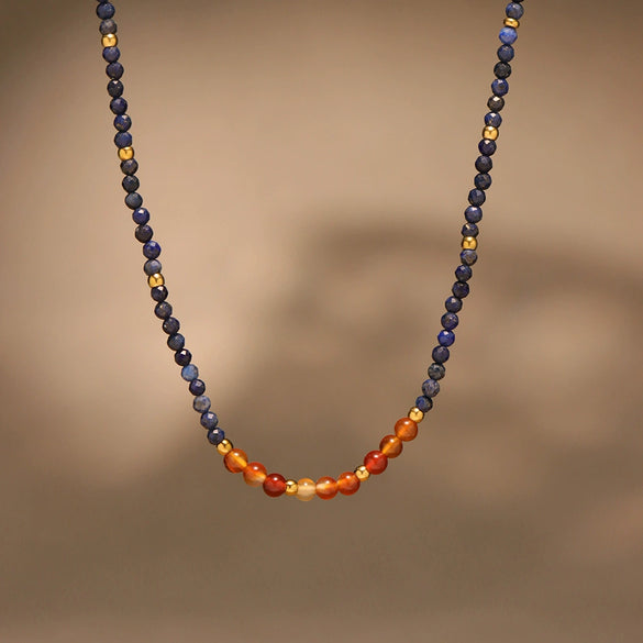 Wholesale Women's Fashion Exquisite Geometric 316L Stainless Steel And Lapis Lazuli Red Agate Beaded Clavicle Necklace With Electroplating