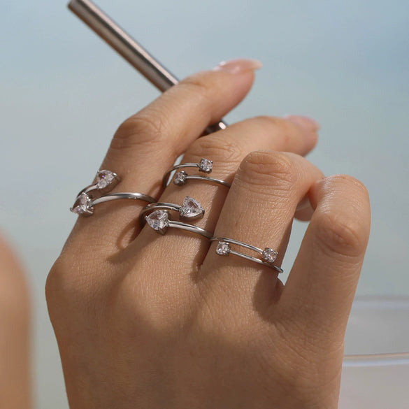 Wholesale Women's Fashion Fine Ring Stainless Steel Love Zircon Opening Adjustable Geometric Electroplated