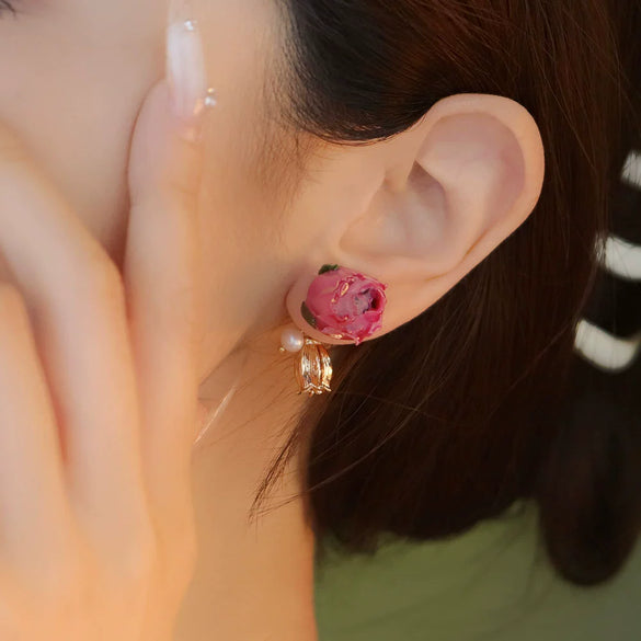 Wholesale Women's Fashion Flower Shape Beads Real Flower Rose Earrings With Electroplating