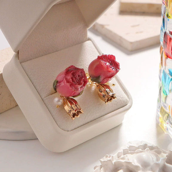 Wholesale Women's Fashion Flower Shape Beads Real Flower Rose Earrings With Electroplating